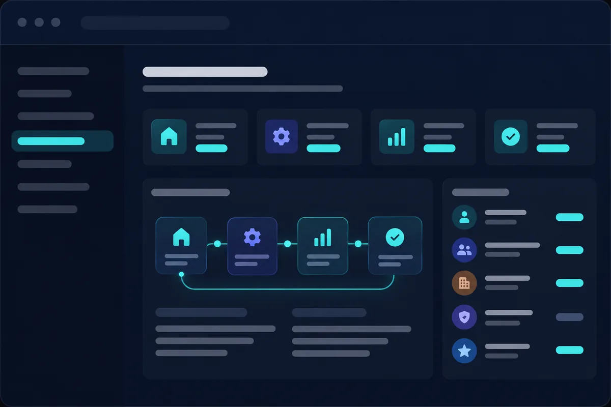 Illustration of the HostFinn workflow: property, settings, reports and checks, linked in one loop