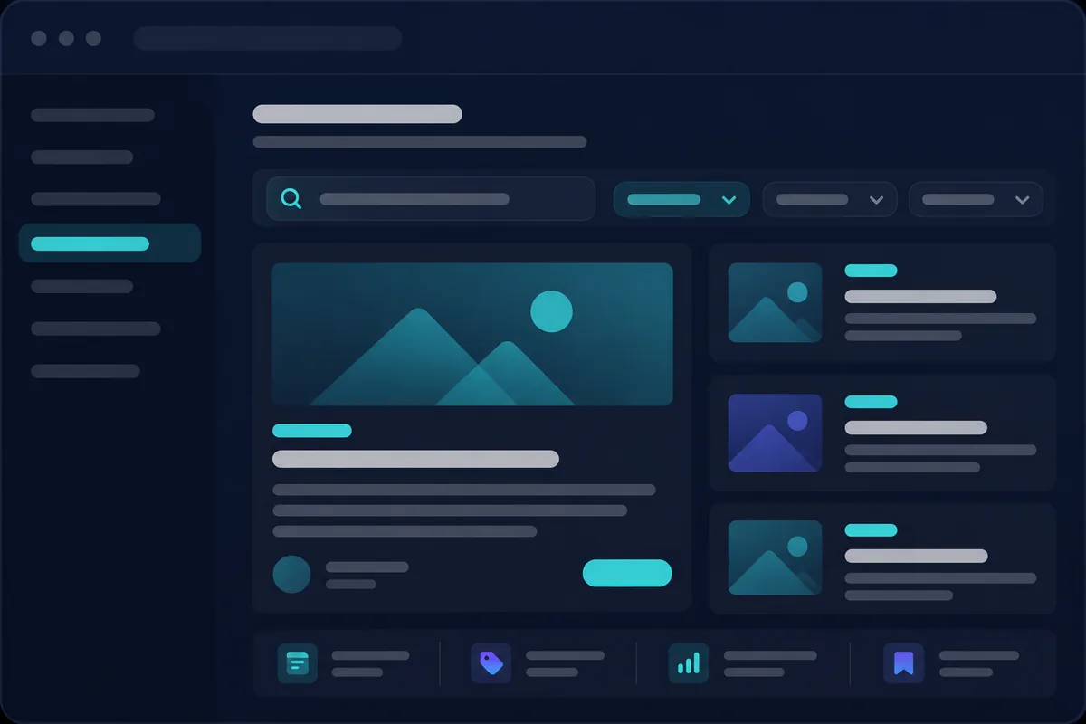 Illustration of the HostFinn blog: searchable articles with categories and a featured post