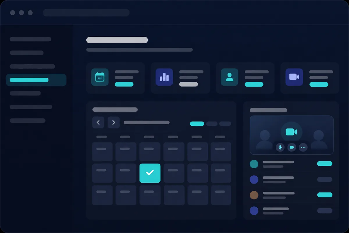 Illustration of booking a call: a calendar with a chosen day and a video meeting