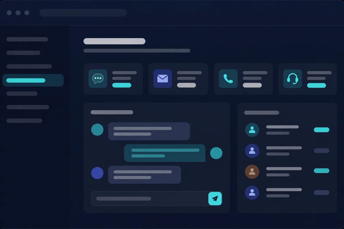 Illustration of the HostFinn inbox: guest messages, email, phone and support side by side